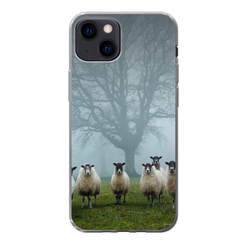 MuchoWow Handyhülle Schutzhülle Hülle für iPhone 13 mini Schaf - Baum - Nebel Silikon Softcase Handy Hülle - Softcase