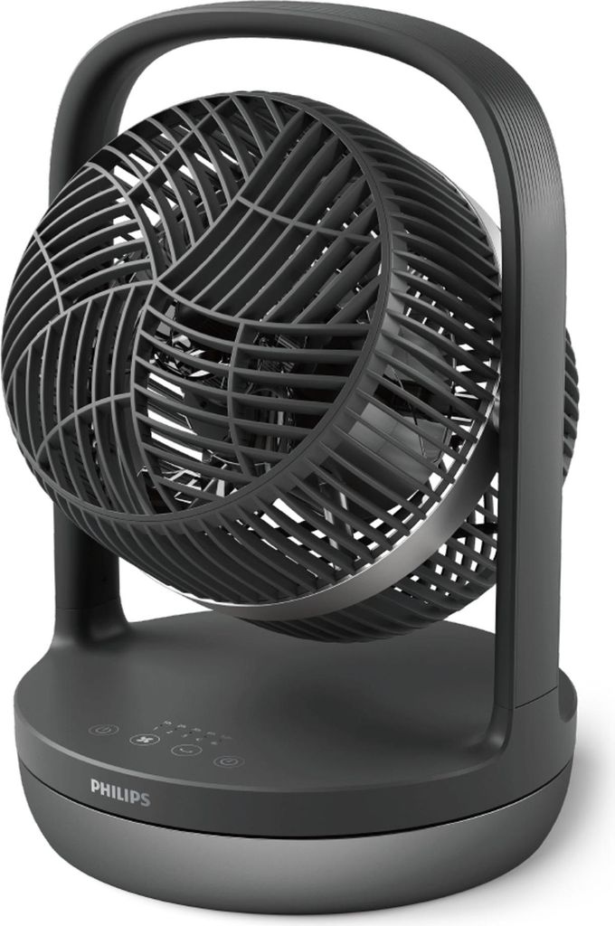 A black Philips desk fan is shown in a studio setting.