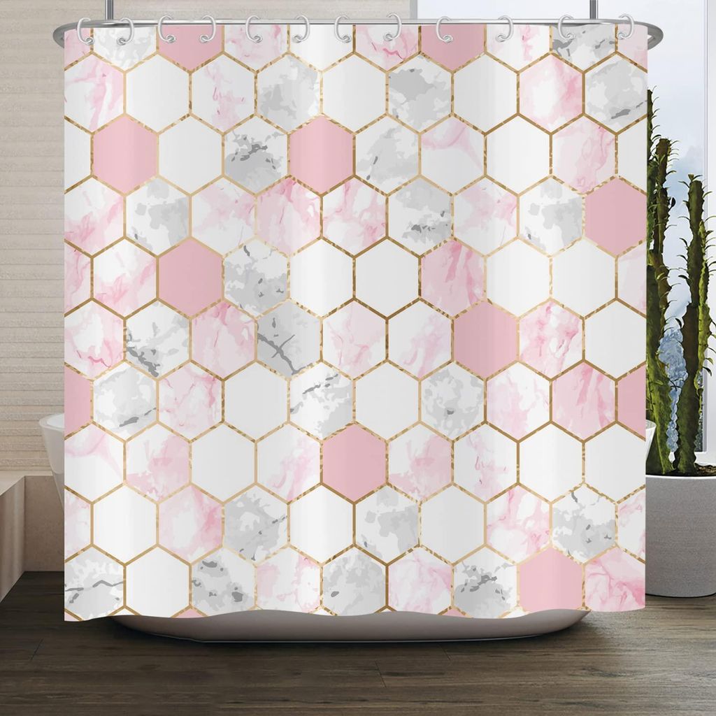 Duschvorhang in Marmoroptik, 180 x 200 cm, modern, leicht, rosa, gold und grau, waschbar, Polyestergewebe, wasserdicht, Duschvorhang für Badewanne...