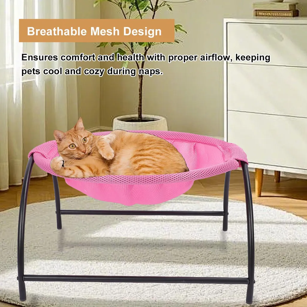 Lit hamac pour chats surélevé avec filet respirant rose lavable - 4