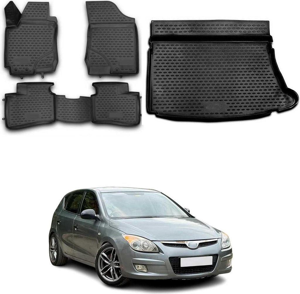 Fußmatten & Kofferraumwanne Set für Hyundai i30 2007-2011 Schrägheck TPE Schwarz