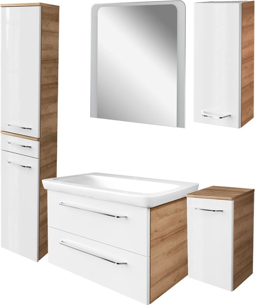 Fackelmann MILANO Badmöbel Set 6-teilig, 80 cm, Braun hell/Weiß, Keramik inkl. LED-Spiegel + Hängeschrank + Unterschrank + Hochschrank