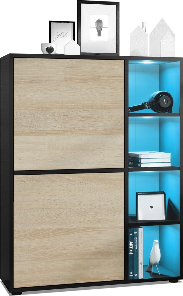 Vladon Highboard Schrank Anrichte Cuba mit 8 Fächern, Germany, Korpus in Schwarz matt / Fronten in Eiche sägerau, mit RGB LED Beleuchtung