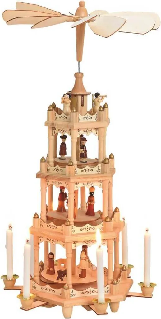Pyramide de Noël bois 4 étages Crèche : décor traditionnel sans pile