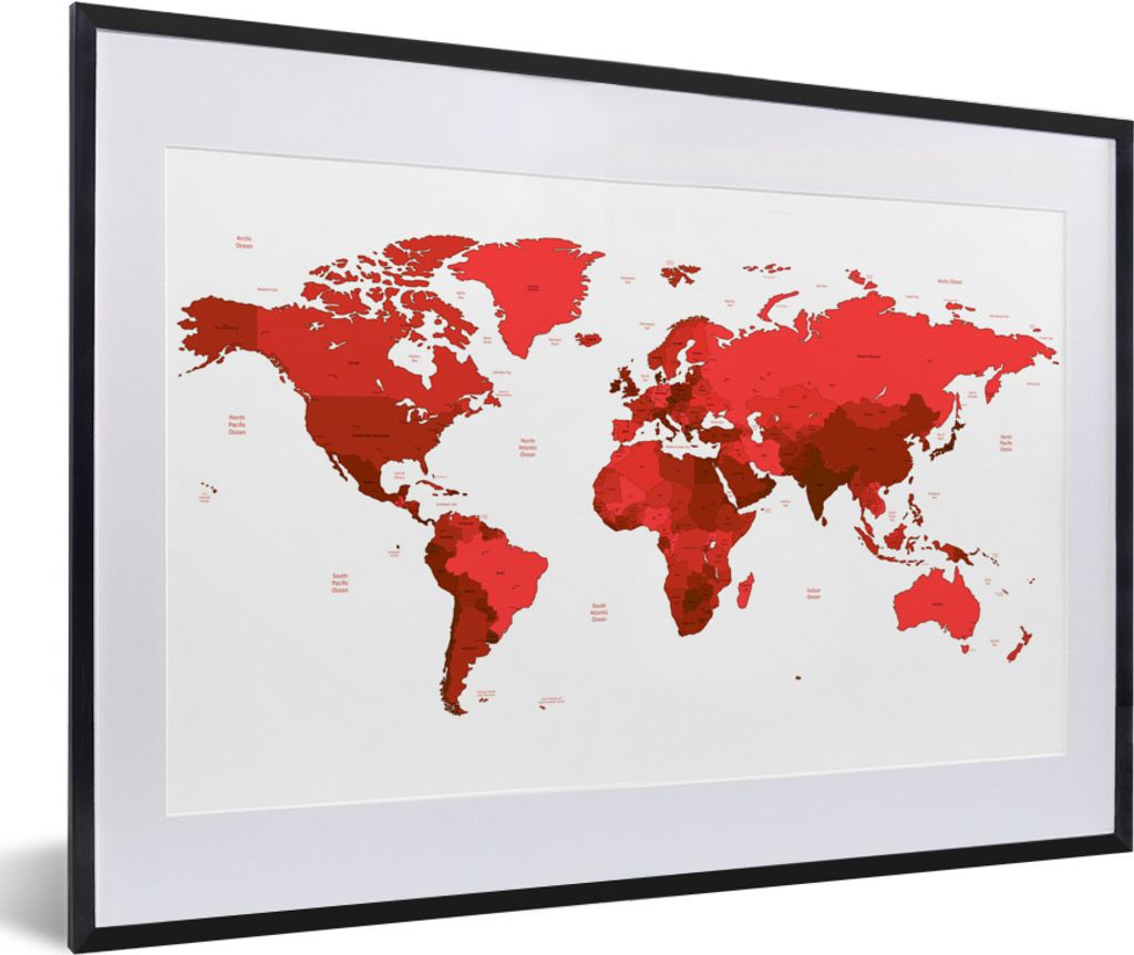 MuchoWow MuchoWow Gerahmtes Poster Weltkarte - Rot - Einfach 60x40 cm - Poster mit zchwarzem Bilderrahmen - Schlafzimmer - Plakat in Rahmen - D...