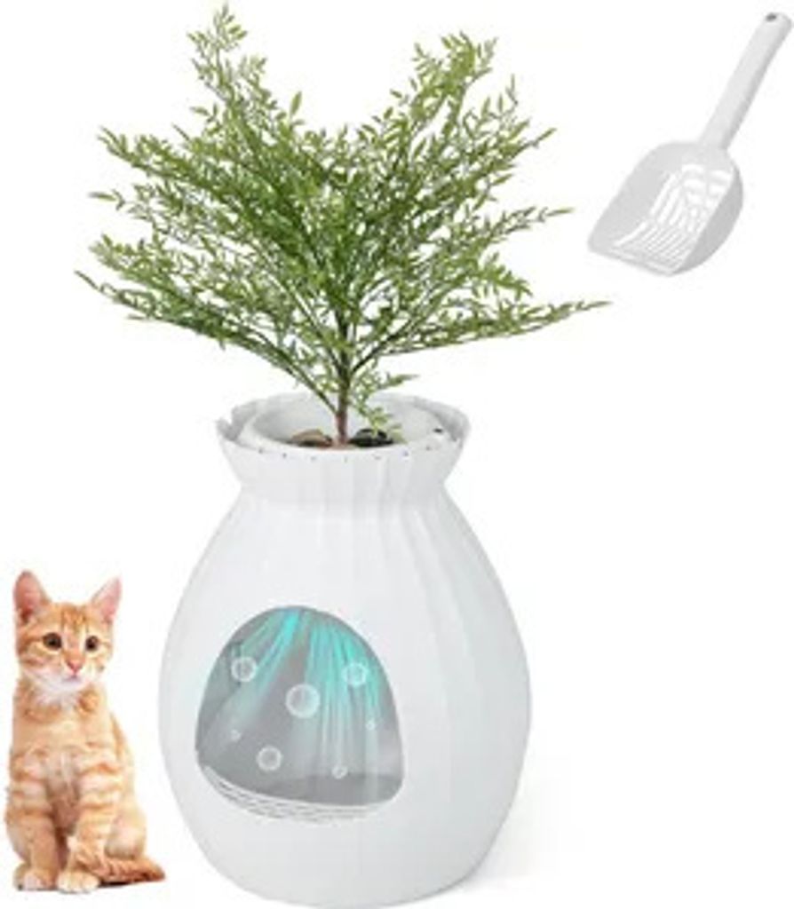 GOPLUS Katzentoilette mit intelligenter Geruchskontrolle, Katzenklo mit Kunstpflanze, Kieselsteinen, Türvorhang, Schaufel, Pflanzenklo für Katzen