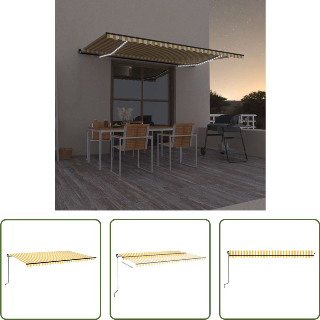The Living Store Markise Manuell Einziehbar mit LED 500x300 cm Gelb & Weiß