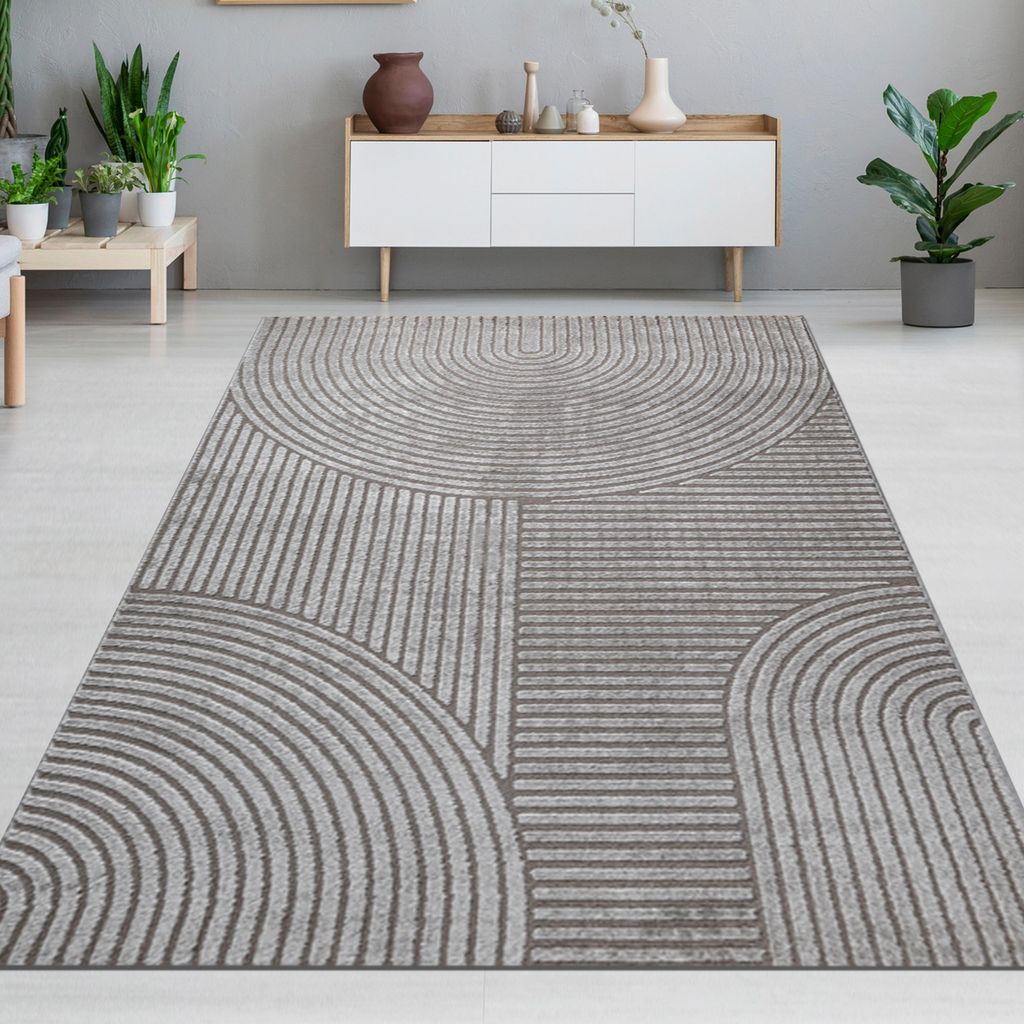 Designteppich grau mit Relieflinien modern & pflegeleicht Größe - 140 x 200 cm