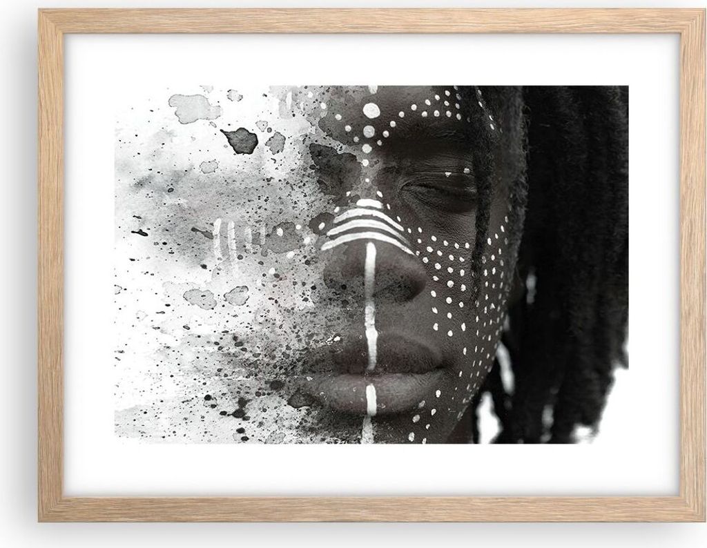Gerahmtes Poster - Rahmen in heller Eiche - Afrikanisch Autochthon Gesicht - 40x30 cm - Wand Bild - Wanddeko - Wandbilder - Kunstposter - Wandposte...
