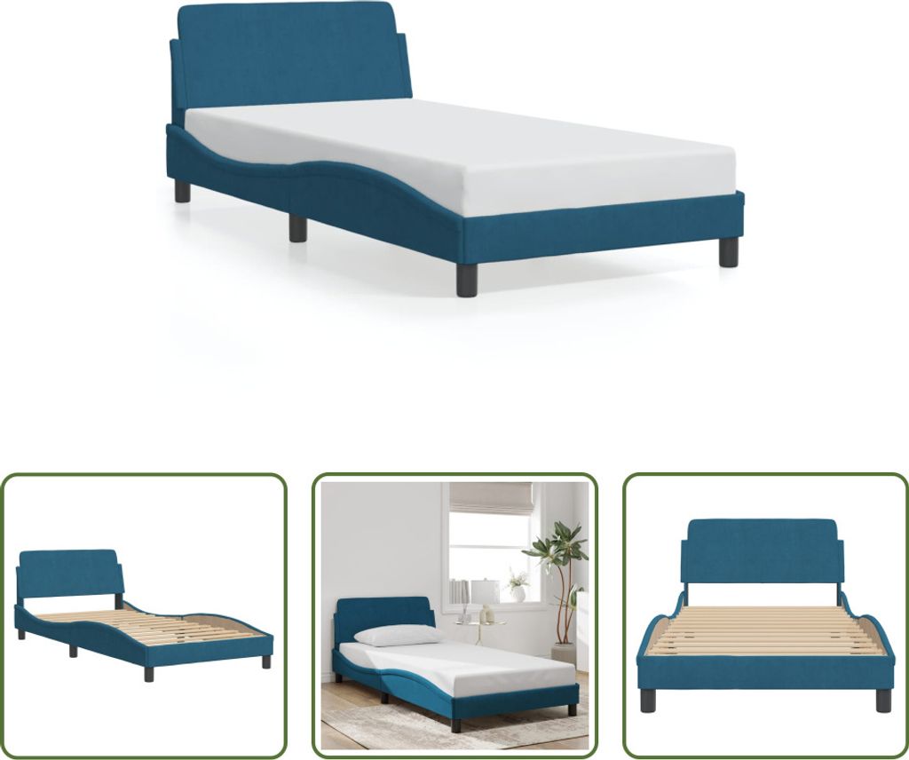 The Living Store Bettgestell mit Kopfteil Blau 100x200 cm Samt