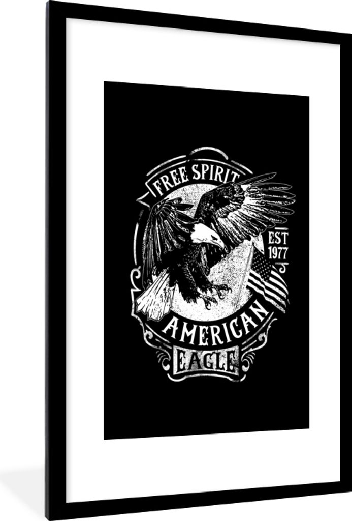 MuchoWow MuchoWow Gerahmtes Poster Adler - Flagge - Retro - Schwarz - Weiß 60x90 cm - Poster mit zchwarzem Bilderrahmen - Dekoration - Wandpos...