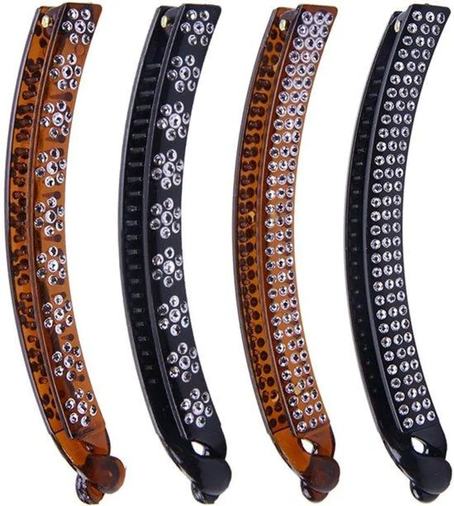 Accessoire de Coiffure : Lot de 4 Barrettes Bananes à Strass 11 cm Noir