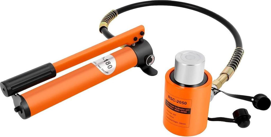 Hydraulik-Hubzylinder - Einfachwirkend Mini - 20 t Hubkraft - 70 MPa Maximaldruck - Ölvolumen 350 ml - Schlauch 1 m - Stahl - Orange
