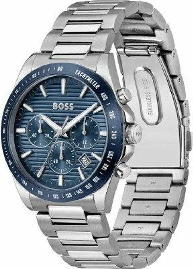 Chronographe Hugo Boss Argenté avec Cadran Bleu et Bracelet en Acier