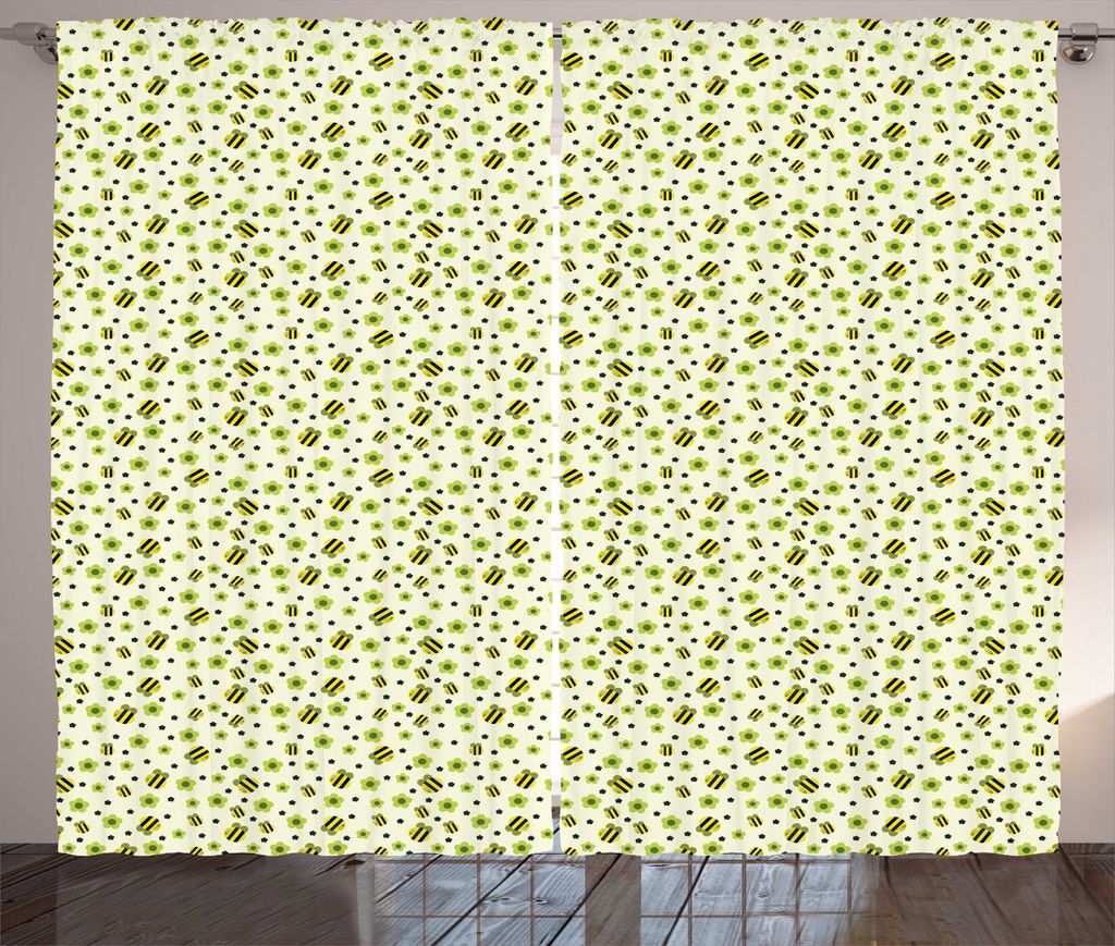 ABAKUHAUS Blumen Insekten Rustikaler Gardine, Bee Motive, Wohnzimmer Universalband Gardinen mit Schlaufen und Haken, 280 x 225 cm, Apple-Grün-Gelb