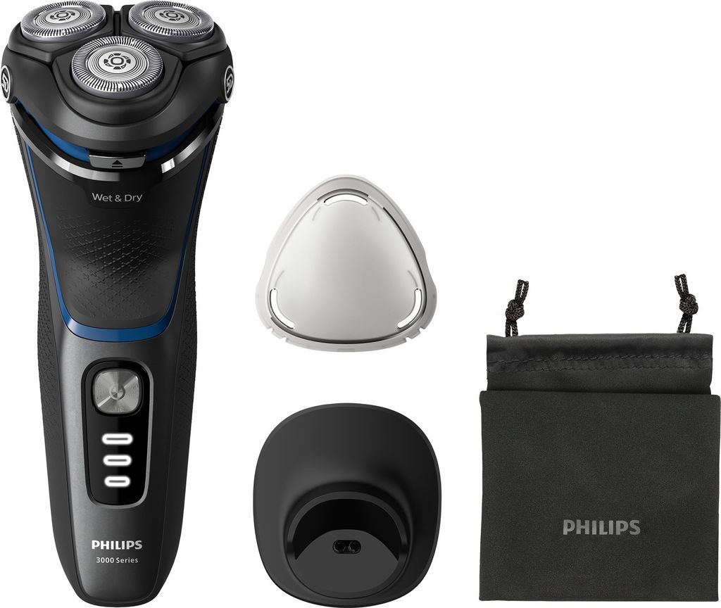 A Philips electric shaver and its accessories are displayed against a white background.