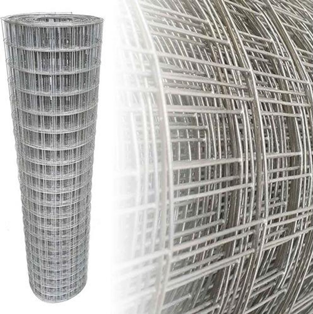 A roll of galvanized wire mesh fencing is shown, with a close-up view of the mesh pattern on the right.