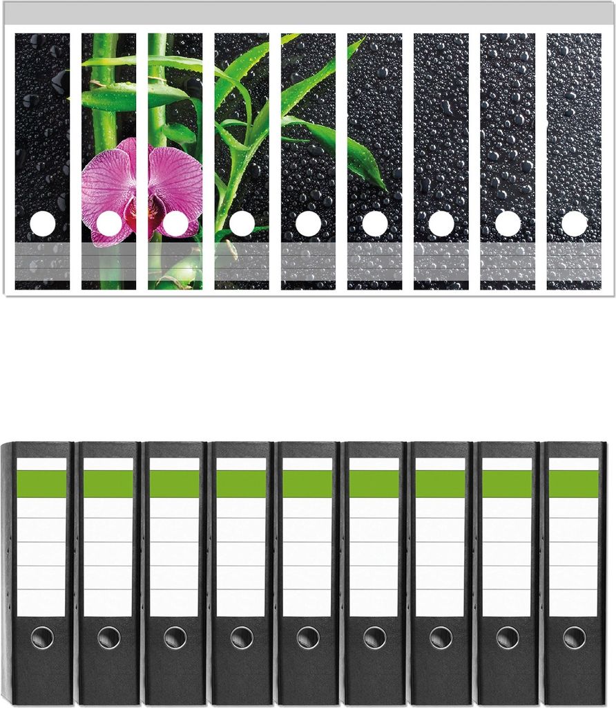 Wallario 9 Stück breite Ordner inkl. Klebeetiketten mit Motive Bambus und pinke Orchidee auf schwarzem Glas mit Regentropfen - Set mit Rückensch...