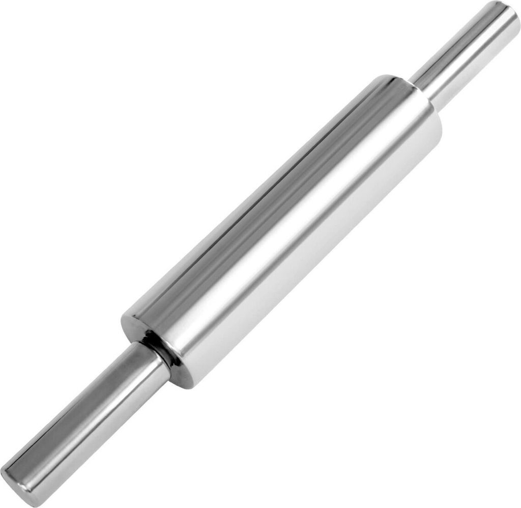 A stainless steel rolling pin is shown against a white background.