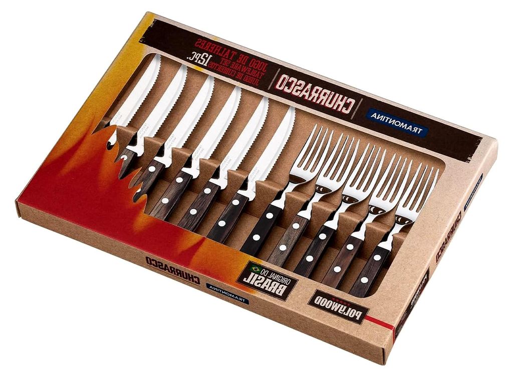 Steak- und Pizzabesteck, 12-teiliges Set für 6 Personen, rostfreier Edelstahl,er Holzgriff, spülmaschinenfest