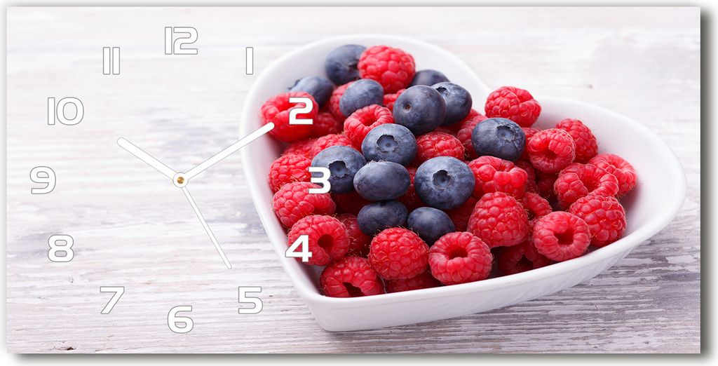 Wanduhr aus Glas – 60x30 cm - Glasbild - Glasuhr - Gehärtetes Glas - weisse-zeiger - Himbeeren und Heidelbeeren