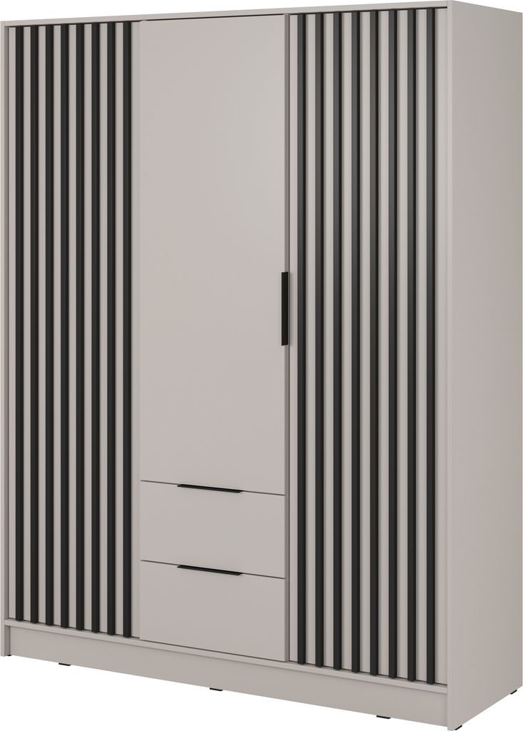 Schlafzimmerschrank 155 x 200 x 51 cm JOHN 3D (Kaschmir), 3 drehbare Türen und 2 Schubladen, Latten aus Holz, Industrieller Stil, Stauraum (Spanns...