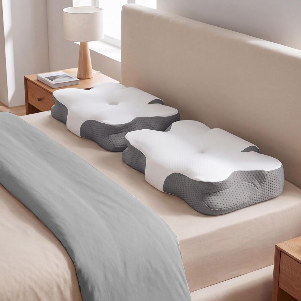 SONGMICS Kopfkissen, Kissen ergonomisch, Nackenkissen kühlend, höhenverstellbar, Memory Foam Kissen, weiß-grau