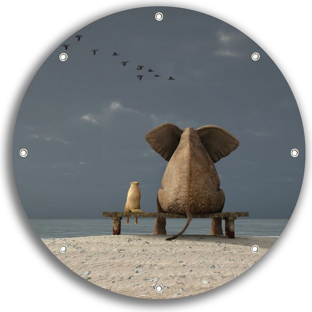 Wallario rundes Outdoor-Poster für Garten oder Balkon, Motiv Elefant und Hund sitzen auf einer Bank, 30 cm Durchmesser