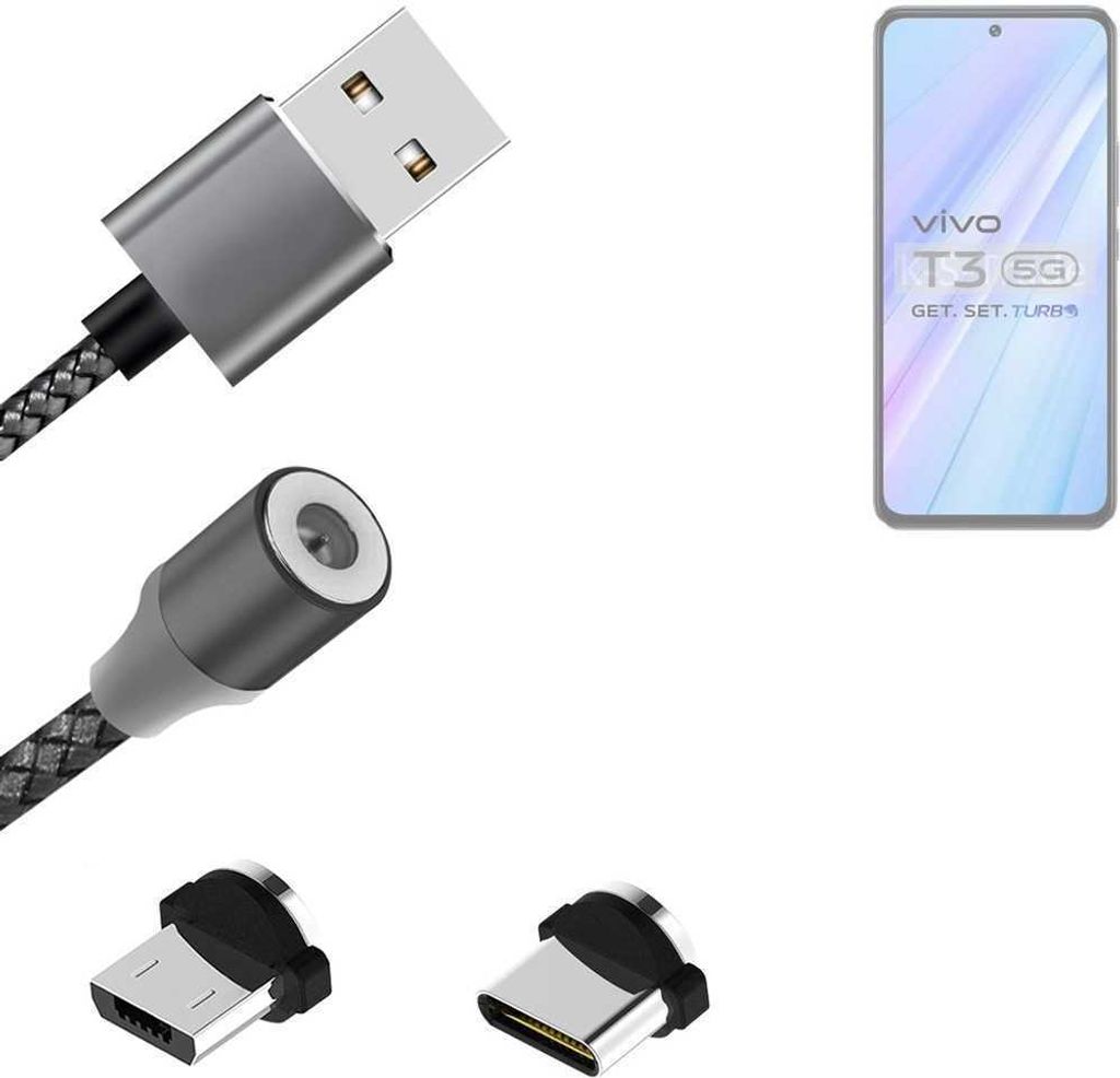 K-S-Trade Hochwertiges Magnet-Lade-kabel Sync-Kabel Daten-Kabel für Vivo T3 mit USB-Typ-C-Anschluss und Micro-USB-Anschluss 2A bis zu 480mbps