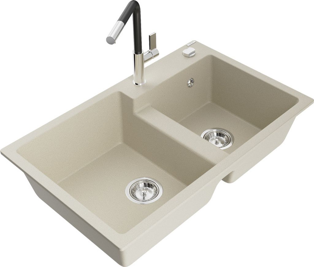 Mexen Tomas 2-Becken-Granitspüle mit Mischbatterie Flora, Beige - 6516-69-670401-07
