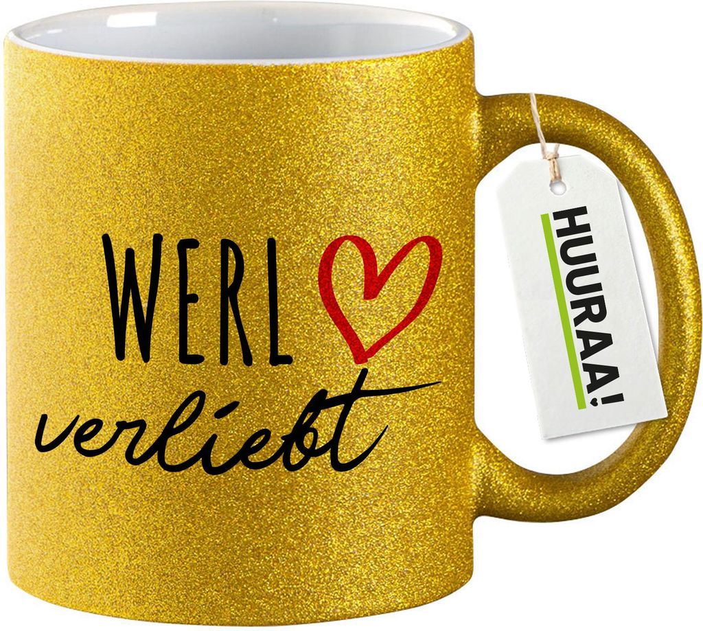 Huuraa Glitzertasse Werl verliebt 330ml Gold Keramik Kaffeebecher Geschenkidee