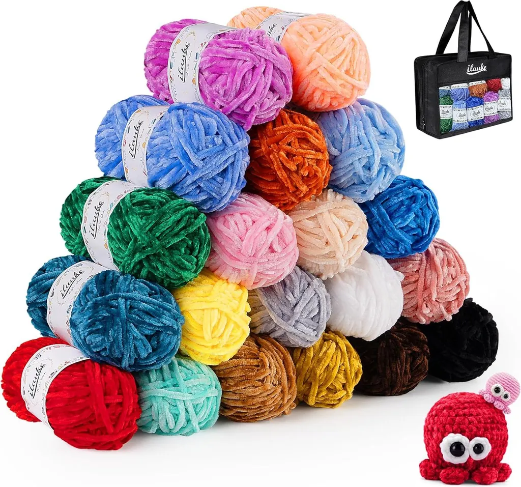 Fil chenille délicat set de 20 x 30g aspect velours pour tricot et DIY