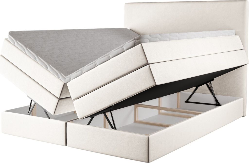 Kontinentales Boxspringbett Carita 160x200 – Polsterbett mit Bettkasten, 3 Matratzen, elegantes Stauraumbett, Boxspringbetten Samt Piano 01