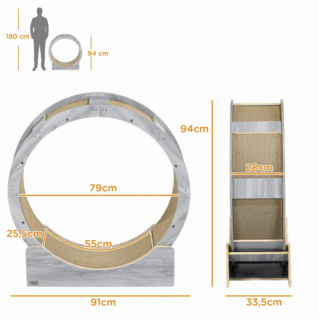 Roue de Course pour Chat 91cm et Griffoir Intégré - Accessoire Gris
