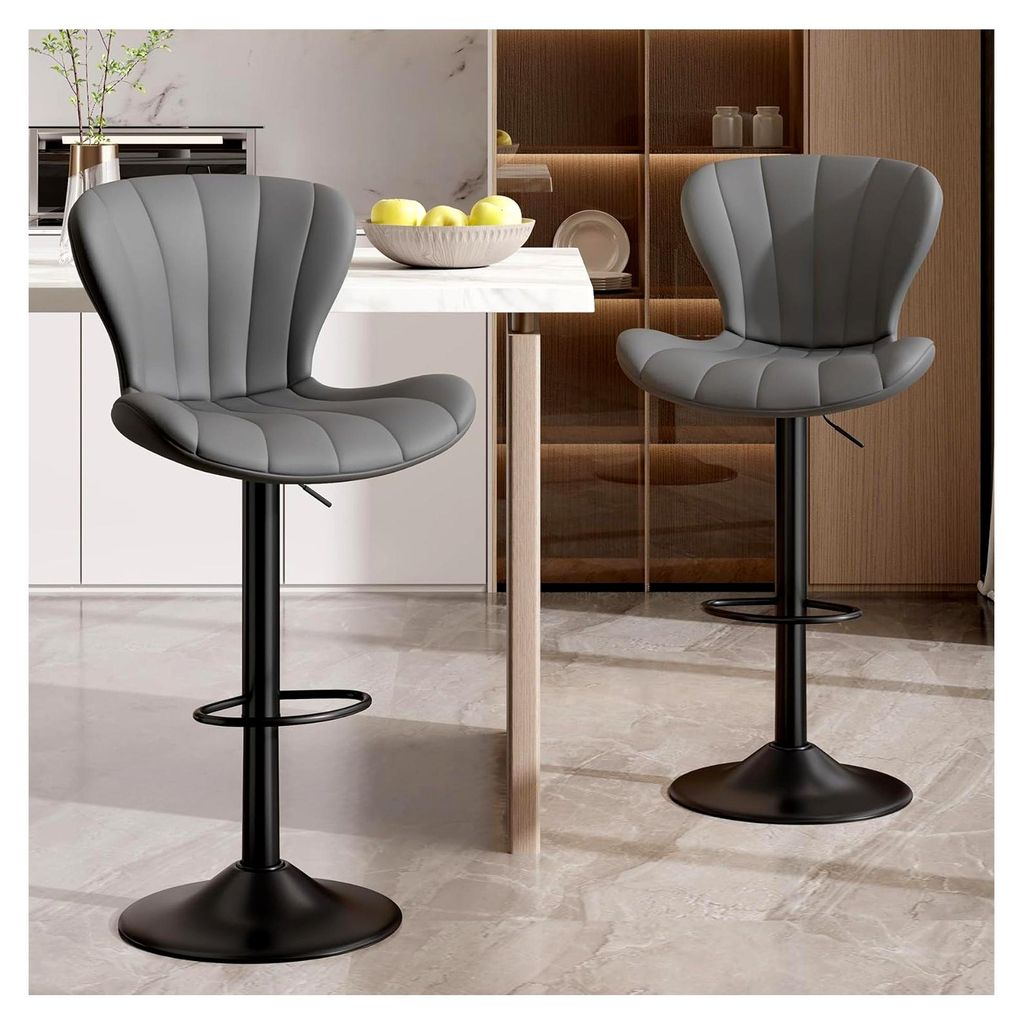 Barhocker 2er Set höhenverstellbar mit 360° Drehfunktion und Rückenlehne, Küchenstühle mit Fußstütze aus Kunstleder in Grau für Küche, Woh...