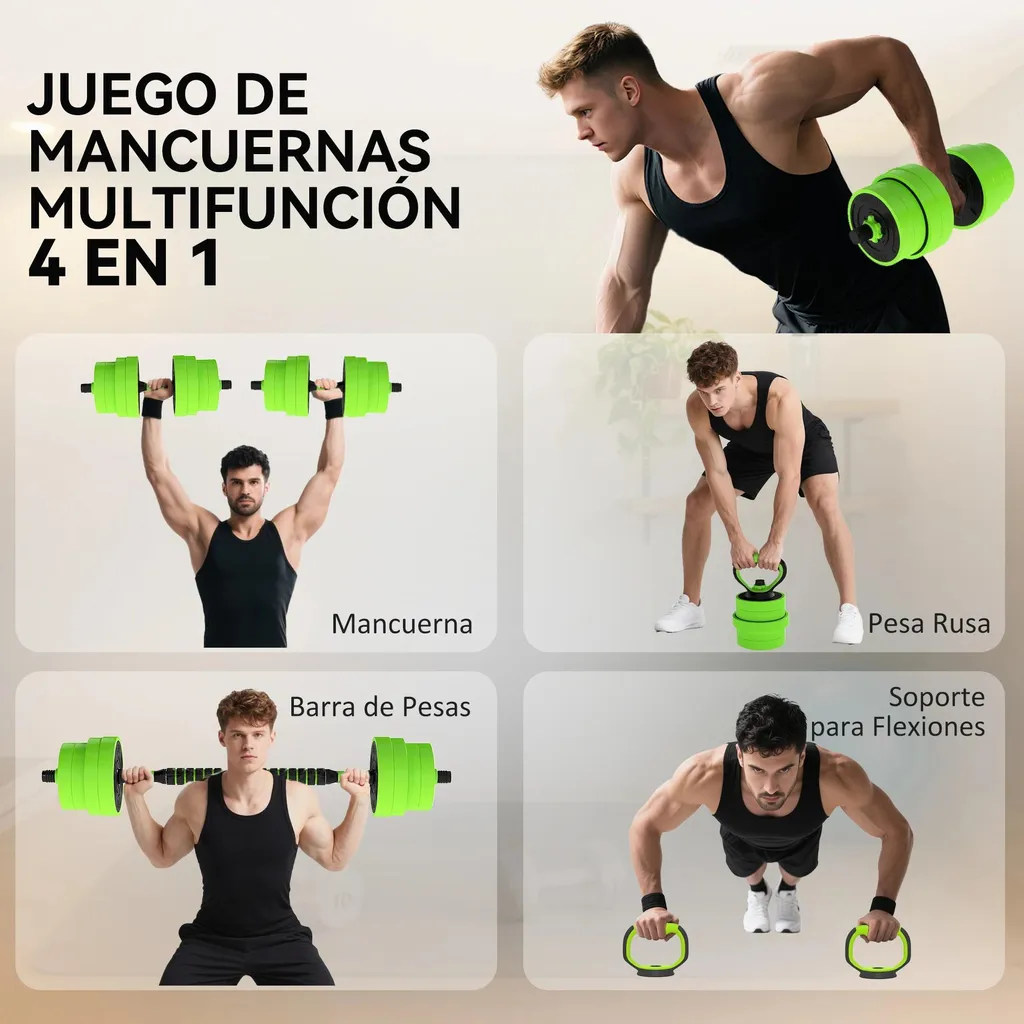 Kit de Musculation Modulable 30 kg : Haltères, Kettlebell et Pompes Vert - 4
