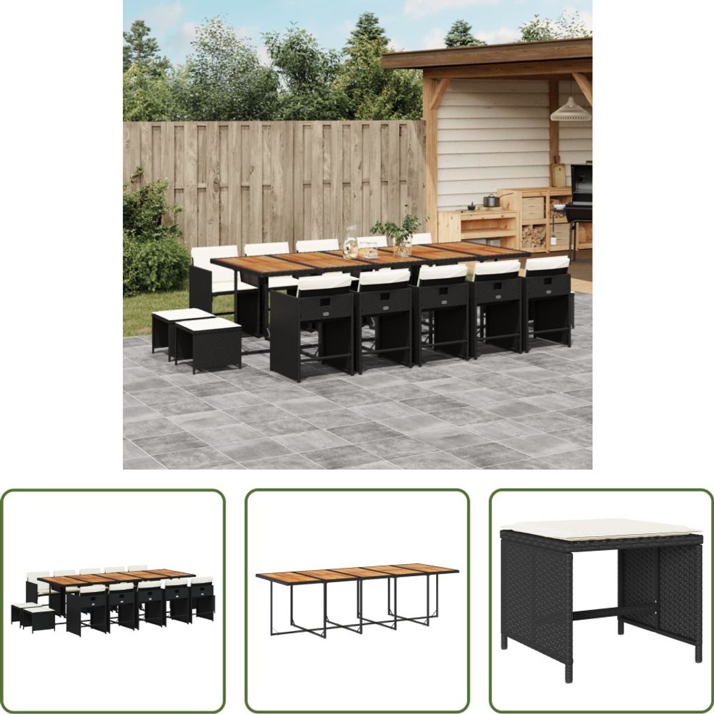 The Living Store 15-tlg. Garten-Essgruppe mit Kissen Schwarz Poly Rattan