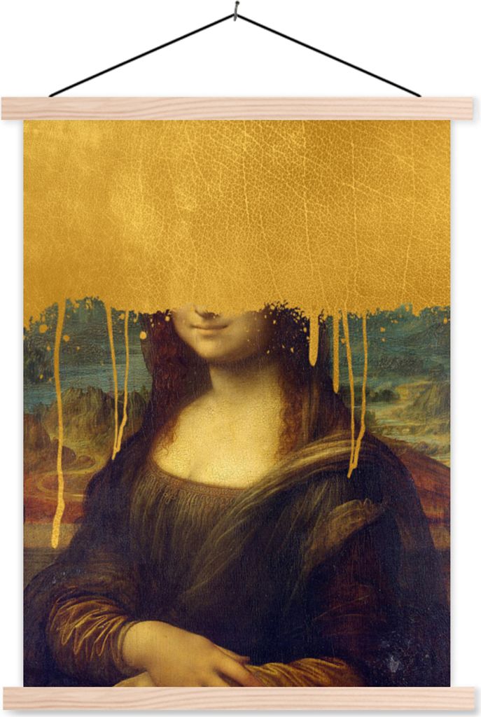 MuchoWow Textilposter Mona Lisa - Gold - Da Vinci 60x80 cm mit holzfarbenen Rahmen - Wandbild