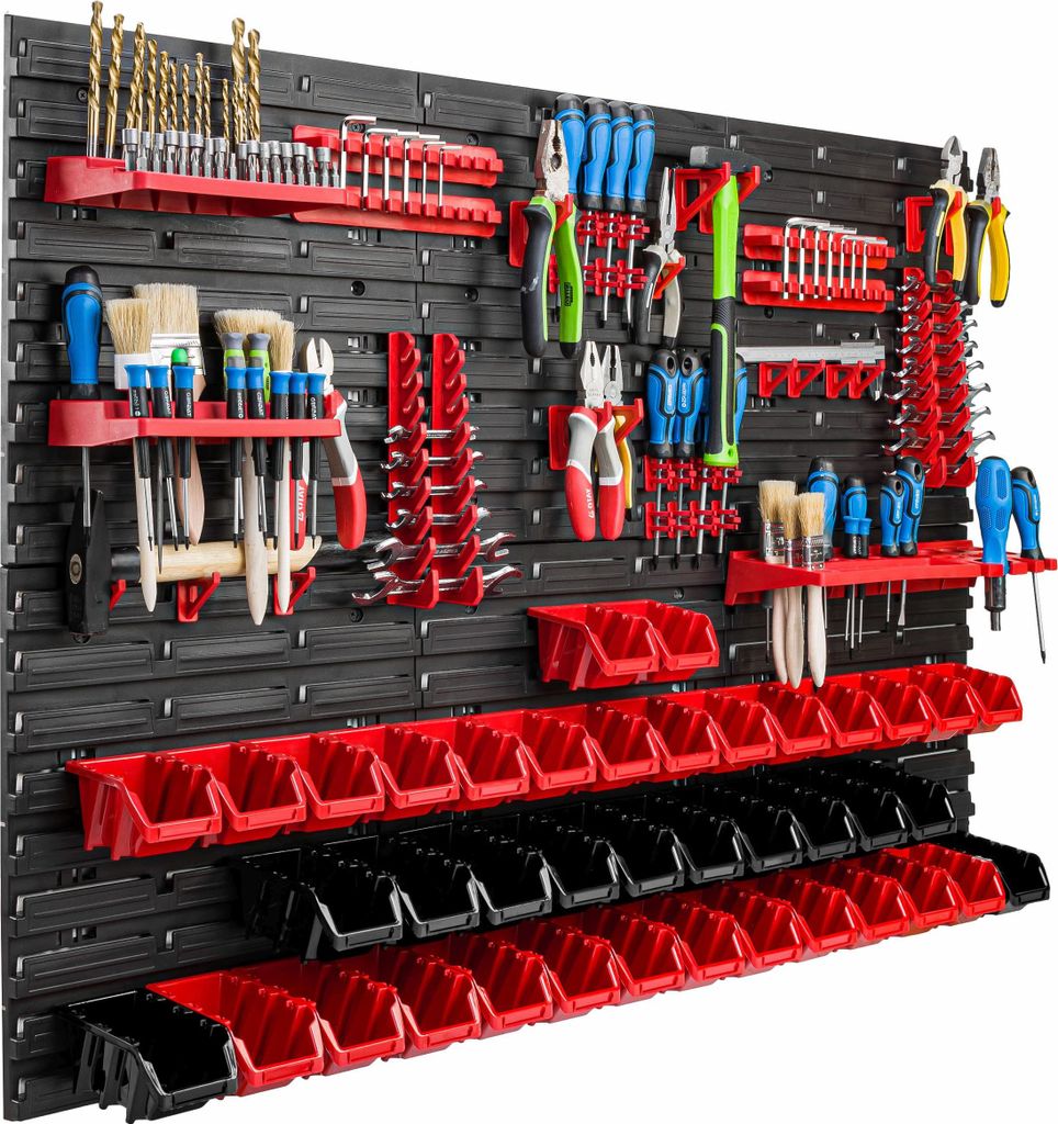 Lagersystem Werkstattregal | 117 x 78 cm | 40 stck. Box | Wandregal mit Werkzeughalterungen und Stapelboxen - Wandplatten Extra Starke Schüttenreg...