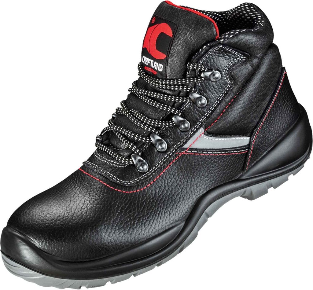 A single black work boot is shown against a white background.