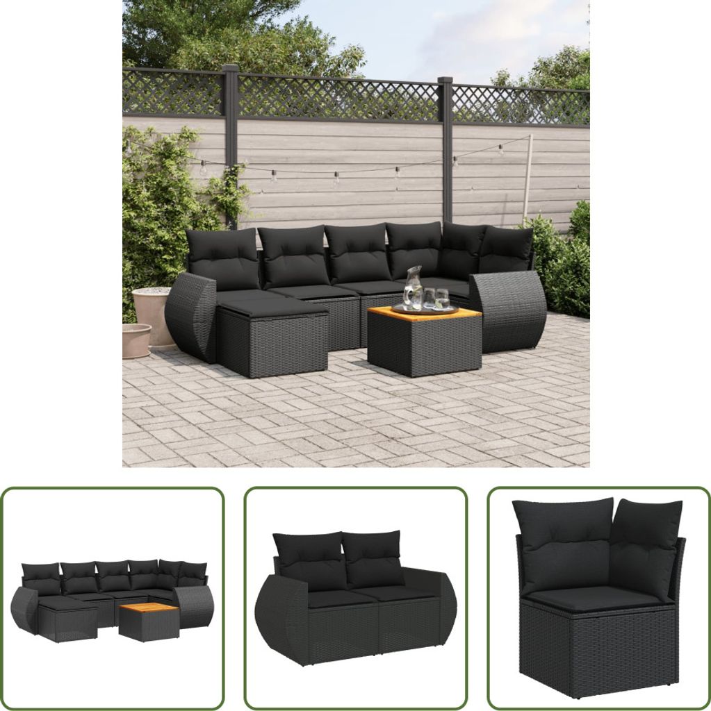 The Living Store 7-tlg. Garten-Sofagarnitur mit Kissen Schwarz Poly Rattan
