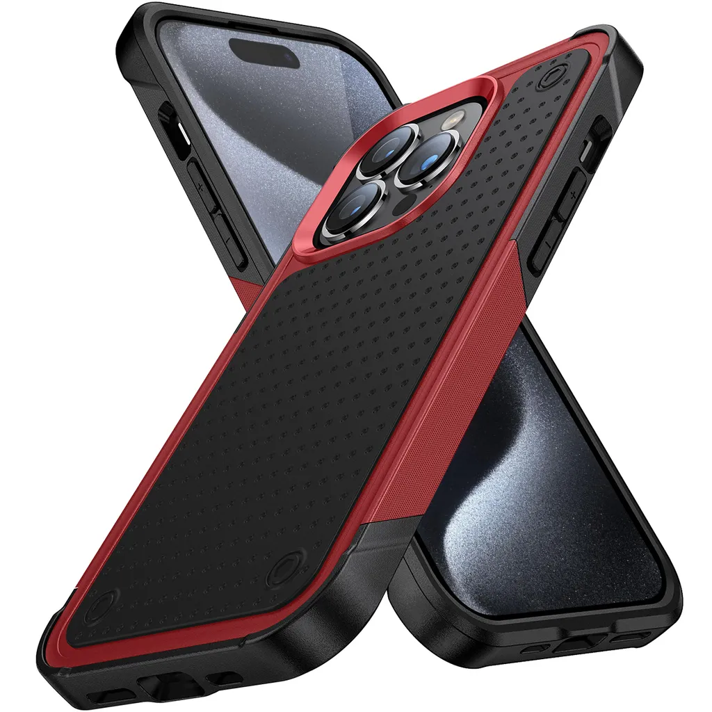 Custodia per iPhone 15 Pro Max, qualità militare, custodia ibrida antiurto 2in1 in PC rigido e TPU morbido rosso nero