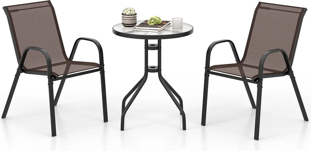 COSTWAY Set di mobili da balcone 3 pezzi, tavolo da bistrot con 2 sedie impilabili, set da bistrot, set da giardino, set da giardino, mobili da giardino, set da salotto, gruppo da salotto marrone