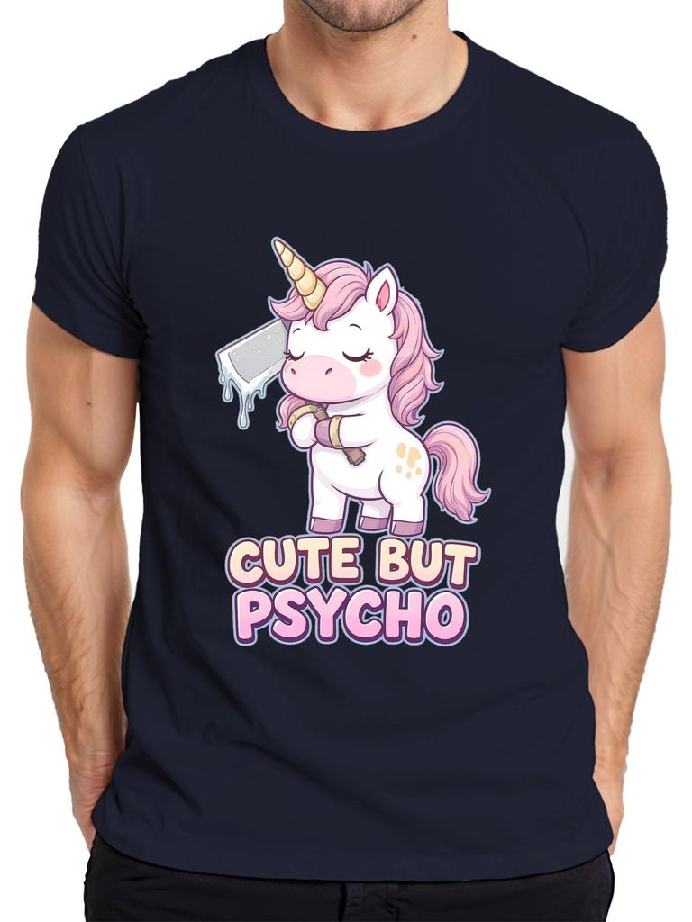 Cute But Psycho Unicorn Einhorn Kawaii Halloween lustig Herren T-Shirt, Navy, 3XL