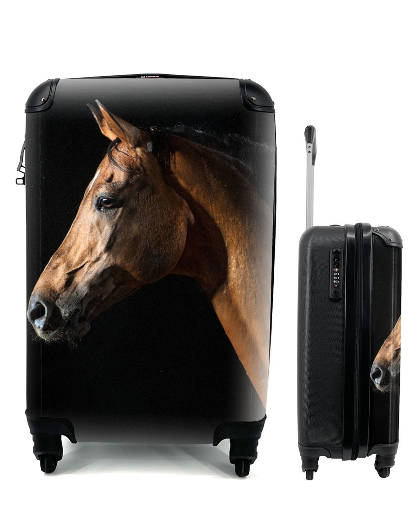 MuchoWow Koffer Handgepäck Trolley Rollkoffer Kleine Reisekoffer mit 4 Rollen - Pferd - Tiere - Nacht - Schwarz - Cabin Size < 55x40x23 cm & 55x...