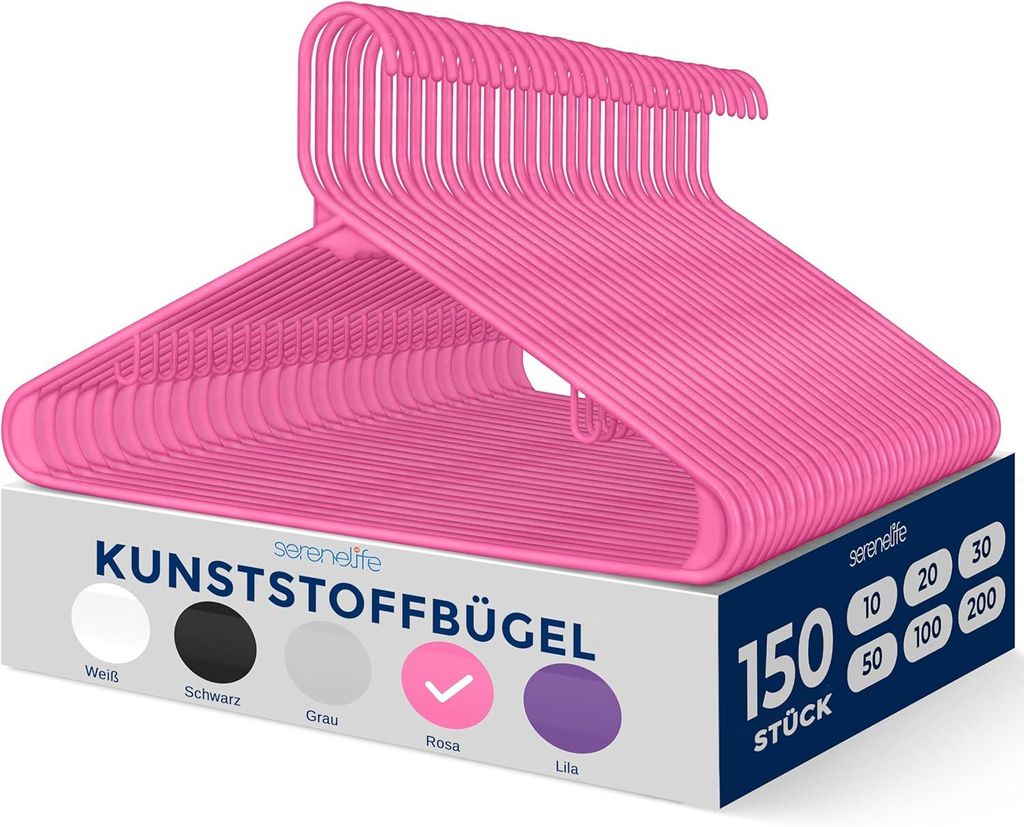 SereneLife Kleiderhaken Rosa, Kleiderbügel Kunststoff für Kinder & Erwachsene, Platzsparende Bügel für Röcke, Hosen & Anzug, 150 Stück