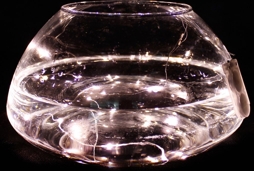 A glass bowl filled with water and illuminated by a string of micro LED lights.