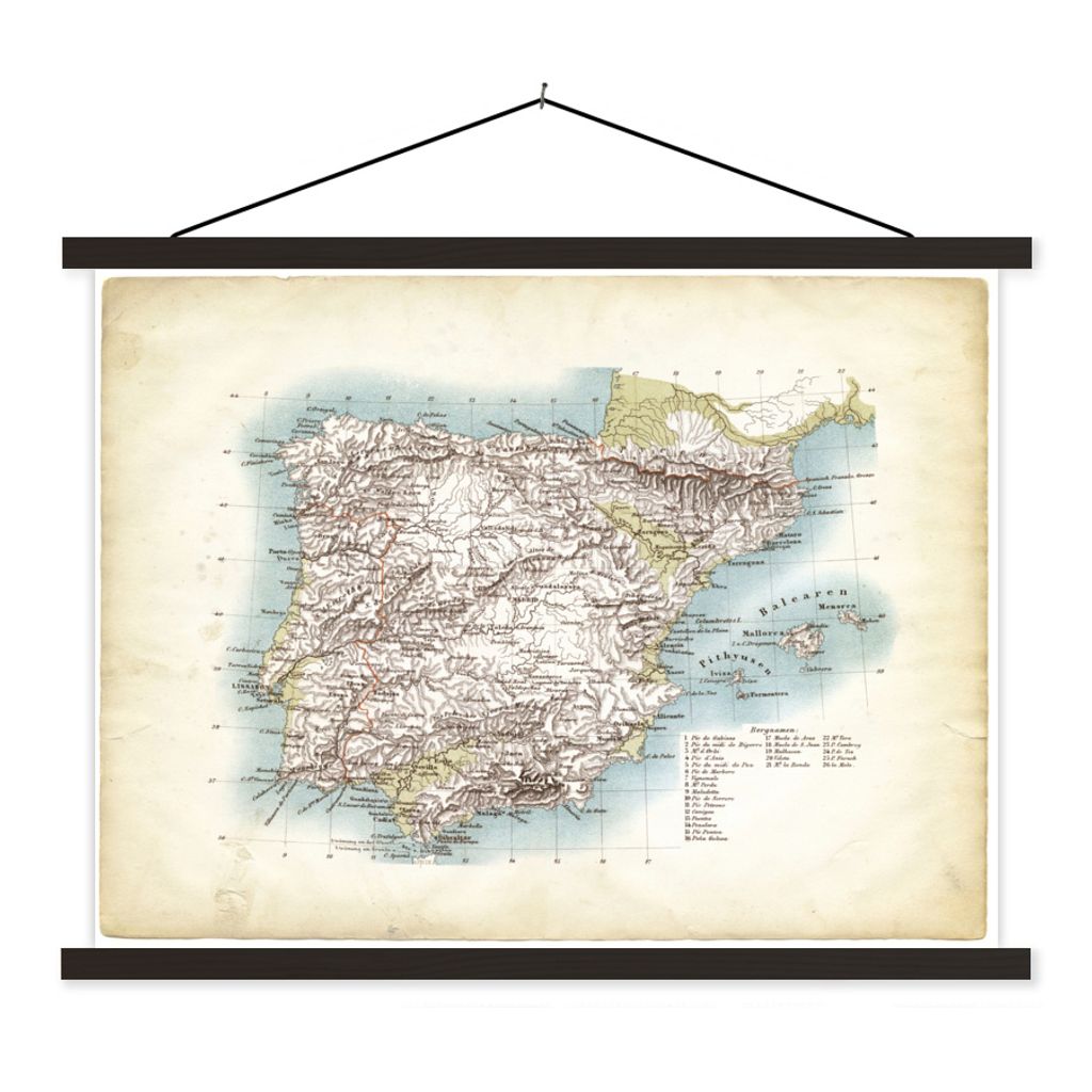 MuchoWow Textilposter Illustration einer antiken Karte von Spanien 60x45 cm mit schwarzem Rahmen - Poster Schlafzimmer