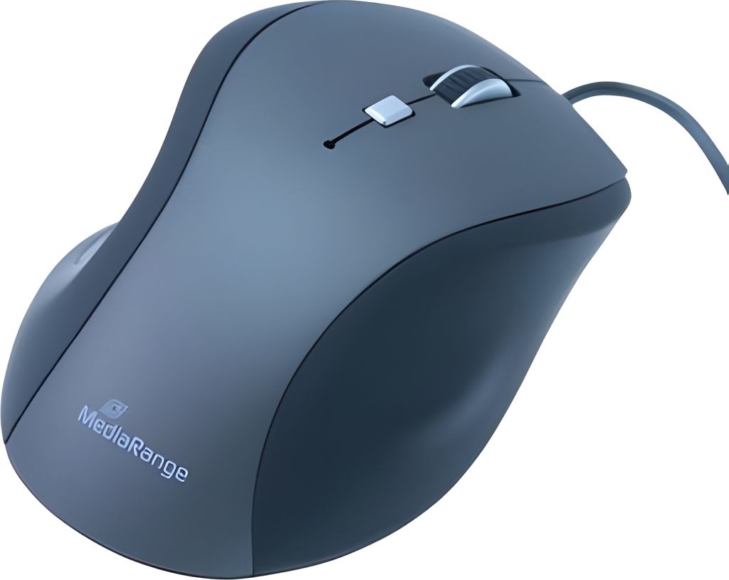 A close-up studio shot of a gray computer mouse against a white background.