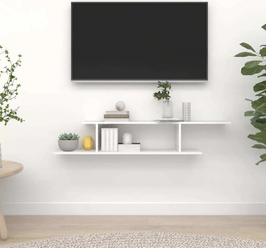 Étagère TV murale en bois composite blanc 125 cm de long - Gain de place